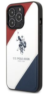 Nugarėlės dėklai U.S Polo Apple iPhone 14 Pro Max Leather Double Horse Case White Blue