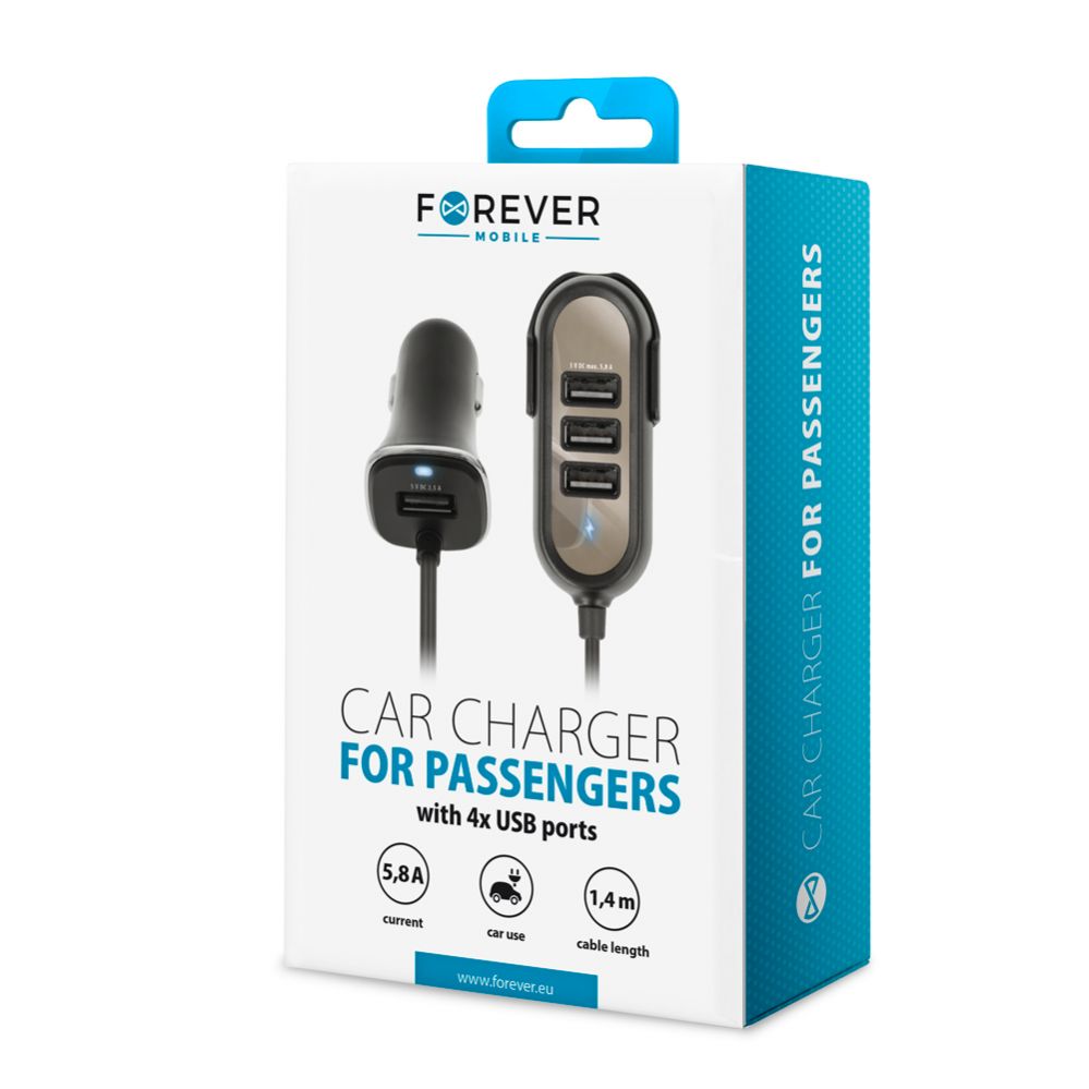 Autolaadijad Forever Universal PC-01 car charger (4 x USB | 5,8 A) for passengers Black