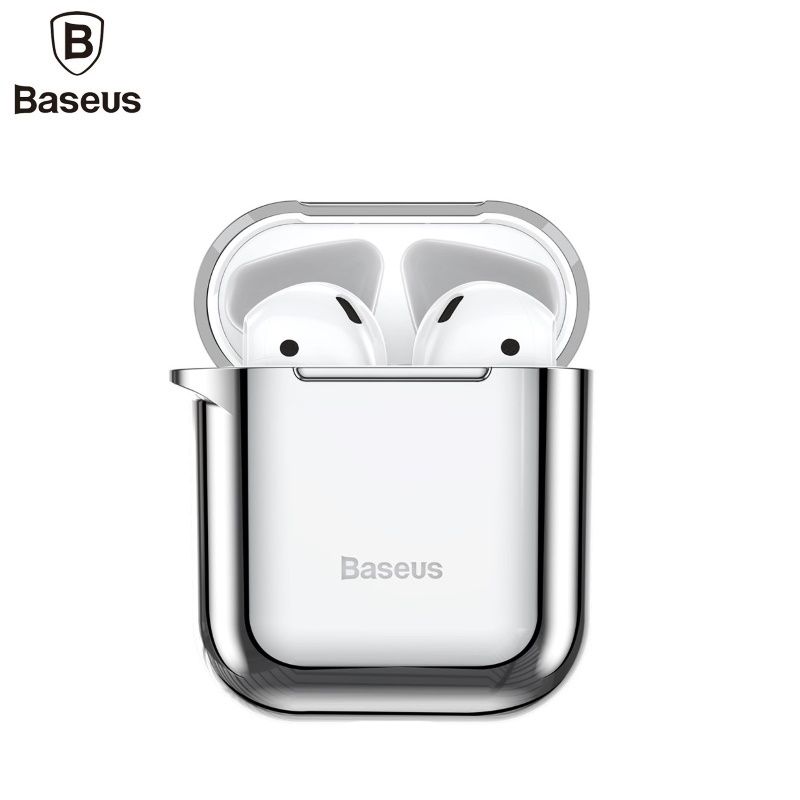 Tagakaaned Baseus Apple Metallic Shining Ultra-thin Silicone Protector Case with Hook for Airpods 1 / 2 Silver