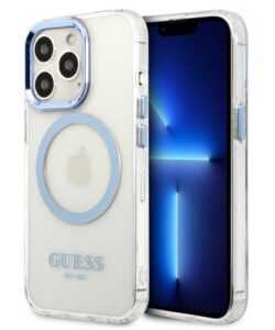 Nugarėlės dėklai Guess Apple iPhone 13 Pro Max 6.7 hard case Metal Outline Magsafe Transparent Blue
