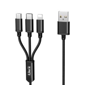 Cable iLike  Charging Cable 3 in 1, USB, Type C, Lightning, CCI02 Black