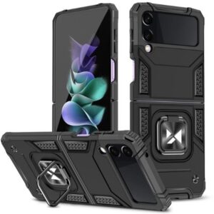 Tagakaaned iLike Samsung Galaxy Z Flip 3 Ring Armor tough hybrid case cover + magnetic holder Black
