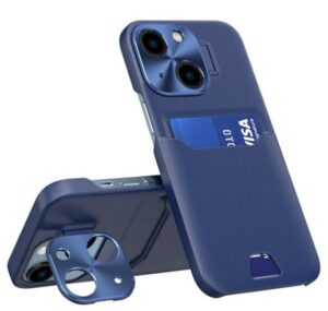 Aizmugurējais vāciņš iLike Apple iPhone 14 Leather Stand Case card wallet with stand Blue