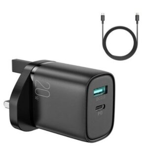 Adaptrid Joyroom  fast UK wall charger USB Type C + USB 20W PD QC3.0 black (L-QP2011) + USB Type C - Lightning cable 1m Black