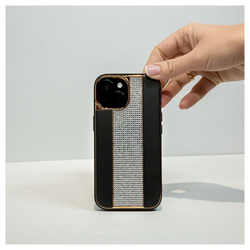 Back panel cover iLike Apple iPhone 15 Diamonds and Leather Case Black