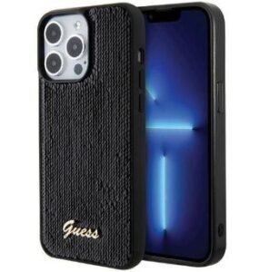 Nugarėlės dėklai Guess Apple iPhone 15 HC SEQUIN SCRIPT METAL Black