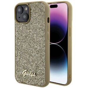 Aizmugurējais vāciņš Guess Apple iPhone 15 HC PU DISCO SCRIPT METAL Gold