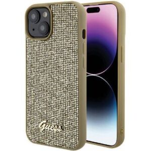 Back panel cover Guess Apple iPhone 15 HC PU DISCO SCRIPT METAL Gold