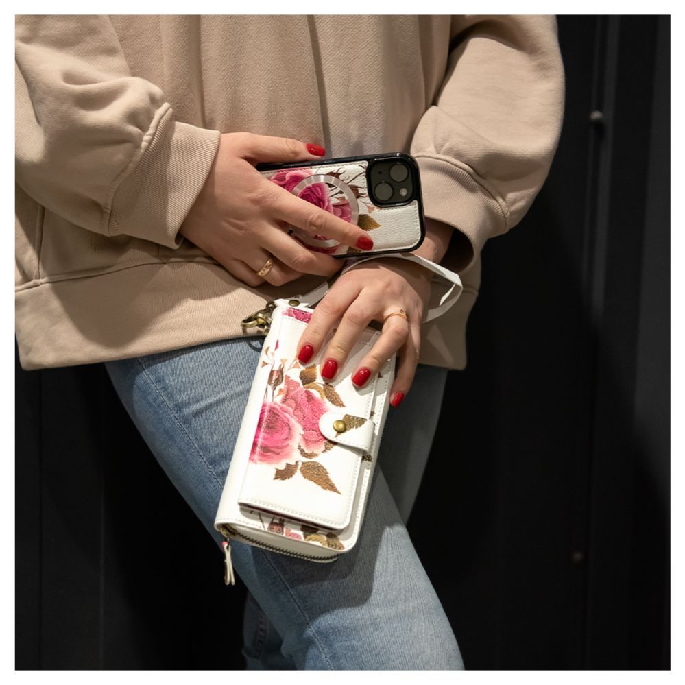 Back panel cover Evelatus Apple iPhone 14 Leather Case Zipper Design Flower White