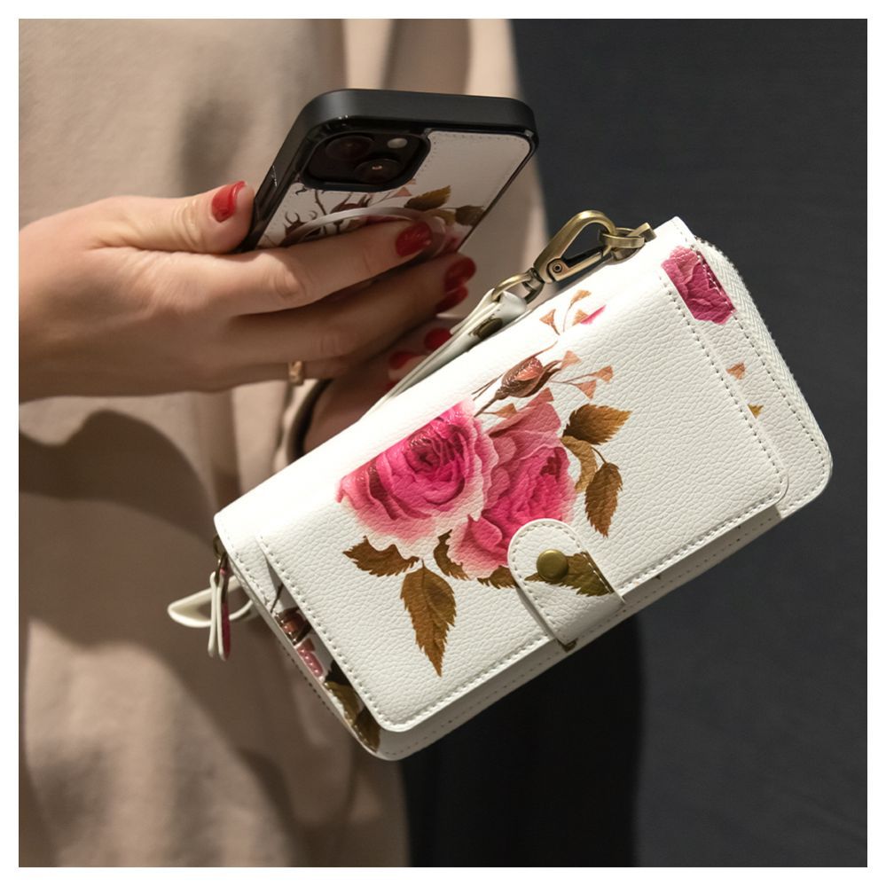 Back panel cover Evelatus Apple iPhone 14 Leather Case Zipper Design Flower White