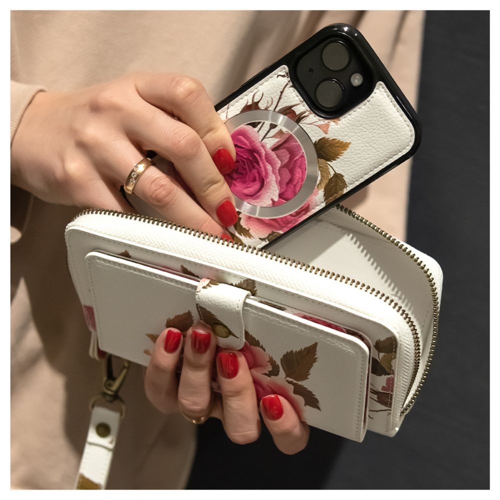 Back panel cover Evelatus Apple iPhone 14 Leather Case Zipper Design Flower White