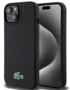 Back panel cover Lacoste Apple iPhone 15 6.1 Liquid Silicone Microfiber Croc Logo Magsafe Back Cover Black