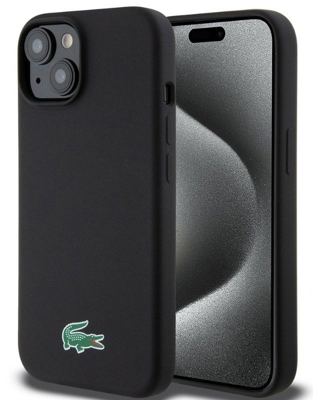 Tagakaaned Lacoste Apple iPhone 15 6.1 Liquid Silicone Microfiber Croc Logo Magsafe Back Cover Black