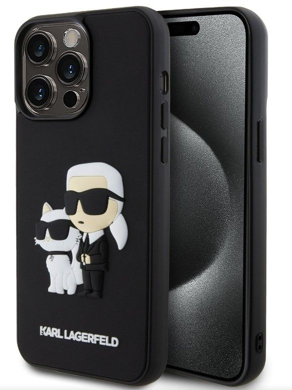 Tagakaaned Karl Lagerfeld Apple iPhone 15 Pro Max Rubber Karl and Choupette Case Black