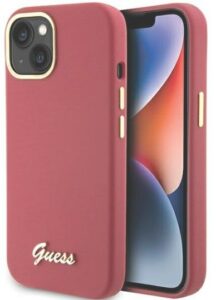 Nugarėlės dėklai Guess Apple iPhone 15 / 14 / 13 6.1 magenta hardcase Silicone Script Metal Logo Red