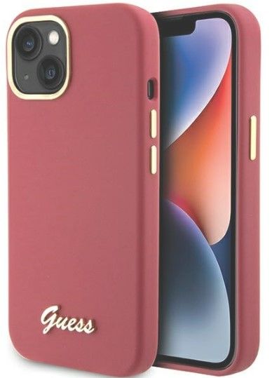 Tagakaaned Guess Apple iPhone 15 / 14 / 13 6.1 magenta hardcase Silicone Script Metal Logo Red