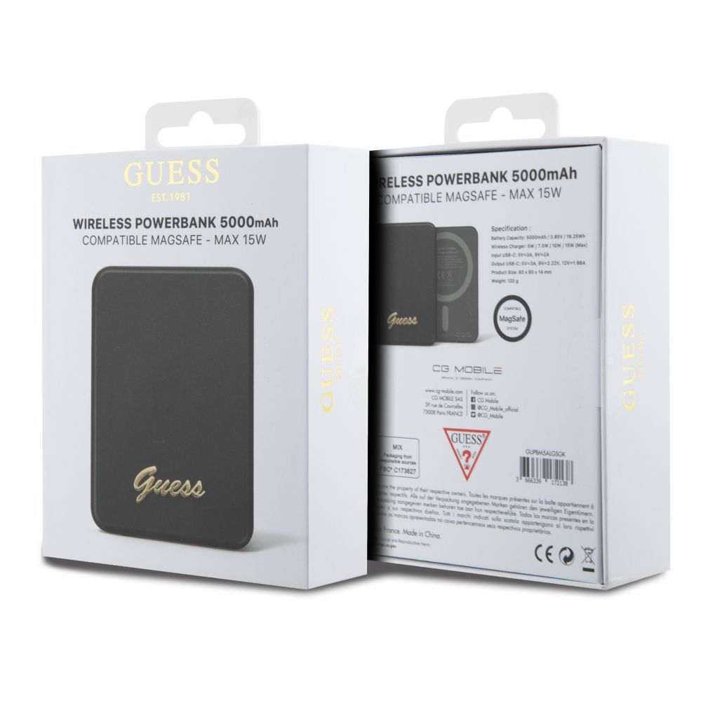 Väline aku Guess Power Bank 5000mAh 15W MagSafe And Regular Charge With Metal Ssript Logo Black