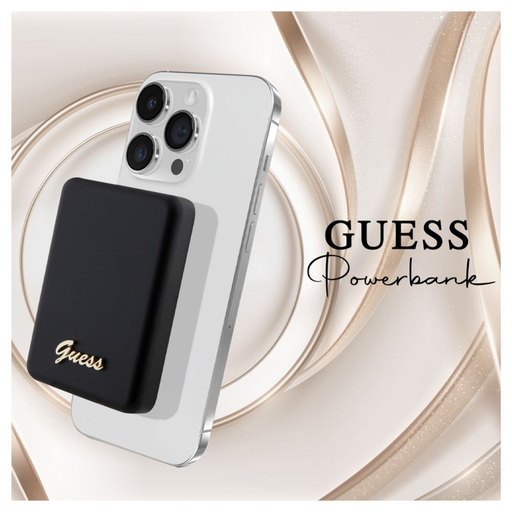 Väline aku Guess Power Bank 5000mAh 15W MagSafe And Regular Charge With Metal Ssript Logo Black