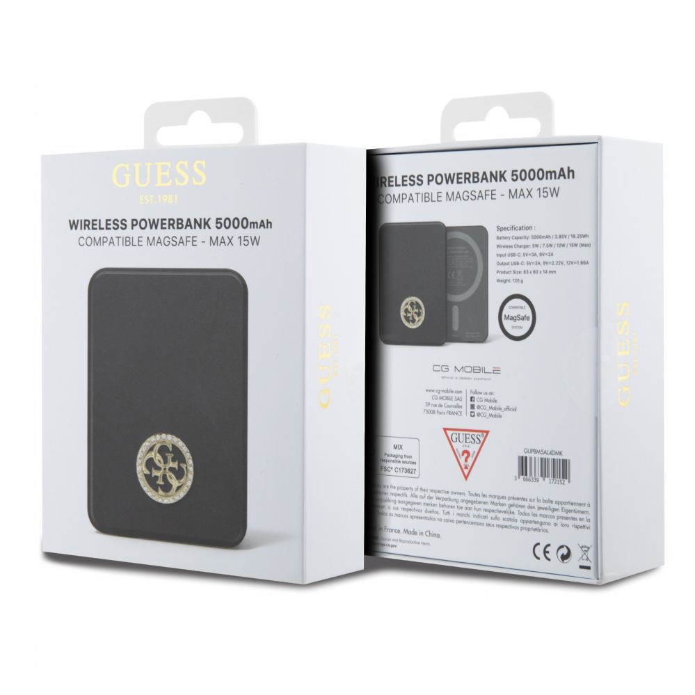 Väline aku Guess Power Bank 5000mAh 15W MagSafe And Regular Charge With Strassed 4G Logo Black