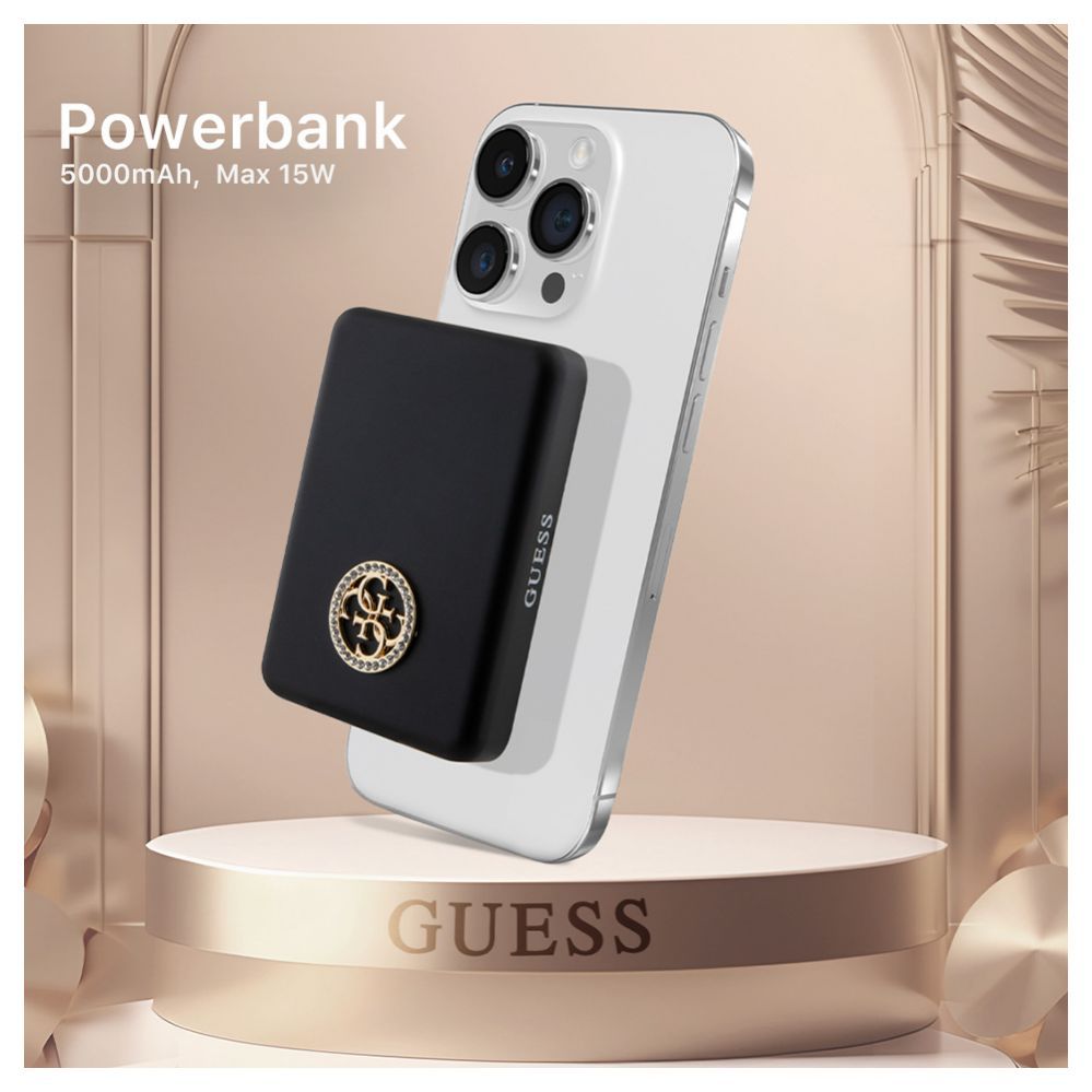 Väline aku Guess Power Bank 5000mAh 15W MagSafe And Regular Charge With Strassed 4G Logo Black