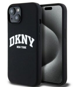 Nugarėlės dėklai DKNY Apple iPhone 15 hardcase Liquid Silicone White Printed Logo MagSafe Black