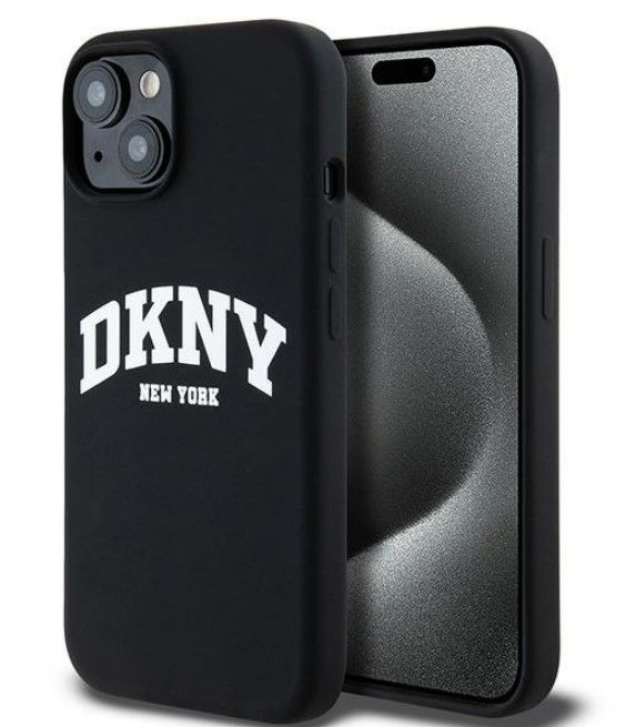 Back panel cover DKNY Apple iPhone 15 hardcase Liquid Silicone White Printed Logo MagSafe Black