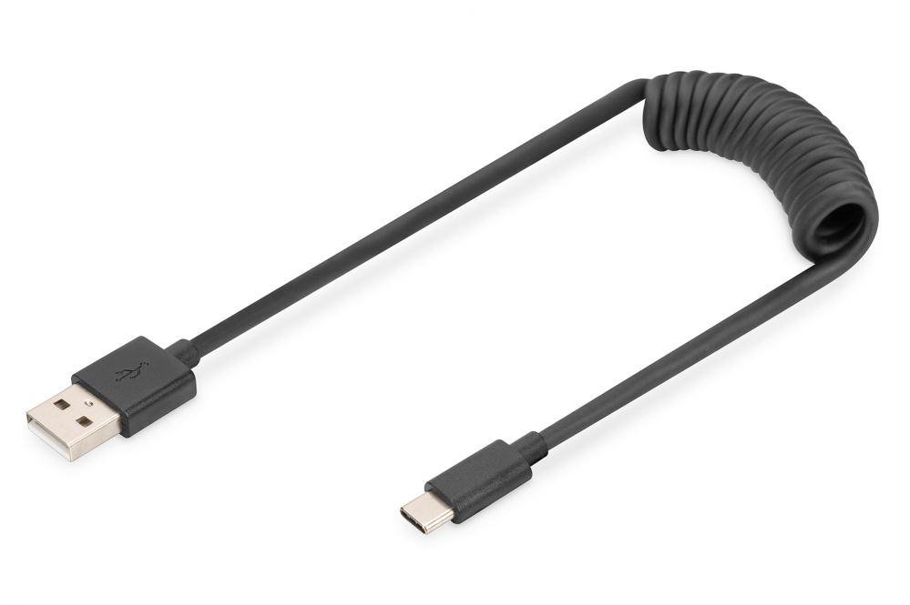 Cable Digitus USB 2.0 Type A to USB C Spiral Cable AK-300430-006-S Black, 1 m