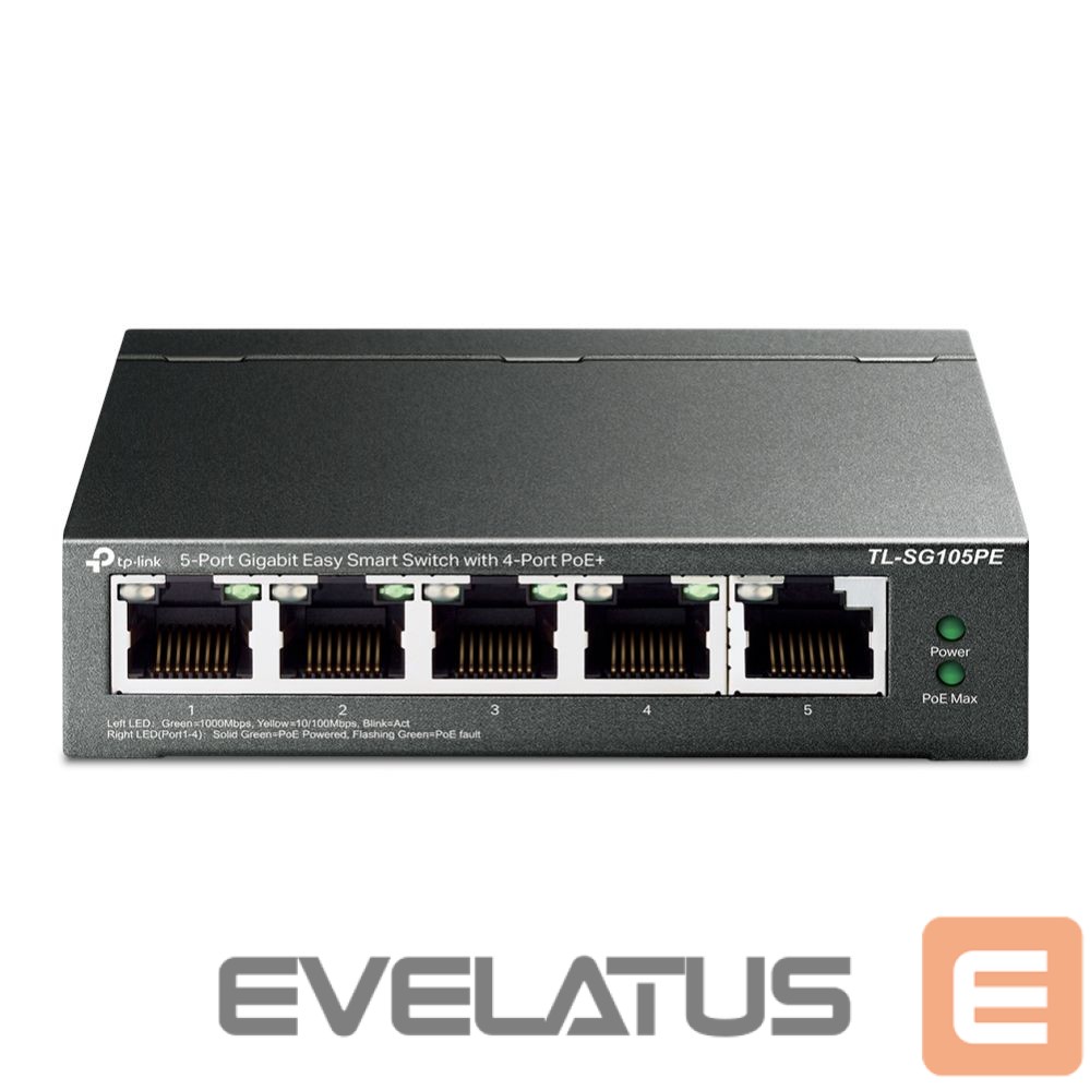 Server – muud tarvikud TP-Link Switch TL-SG105PE Unmanaged, Desktop, 10/100/1000 Mbit/s, Ethernet LAN (RJ-45) ports 5, PoE+ ports quantity 4, Power supply type External