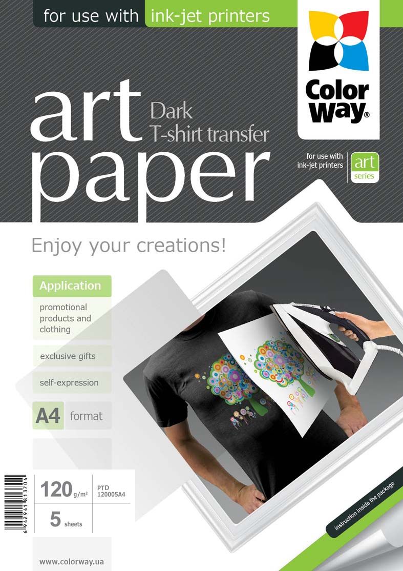 Офисные принадлежности ColorWay ART T-shirt transfer (dark) Photo Paper, 5 sheets, A4, 120 g/m²