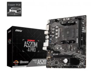 Motherboard for AMD processors MSI  Mainboard||AMD A520|SAM4|MicroATX|1xPCI-Express 3.0 1x|1xPCI-Express 3.0 16x|1xM.2|Memory DDR4|Memory slots 2|1xDVI|1xHDMI|2xAudio-Out|2xUSB 2.0|4xUSB 3.2|1xRJ45|A520M-APRO 