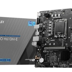 Motherboard for Intel processors MSI  Mainboard||Intel H610|LGA1700|Micro-ATX|Memory DDR5|Memory slots 2|1xPCI-Express 1x|1xPCI-Express 16x|1xM.2|1x15pin D-sub|1xHDMI|4xUSB 2.0|2xUSB 3.2|1xPS/2|1xRJ45|3xAudio port|PROH610M-E 