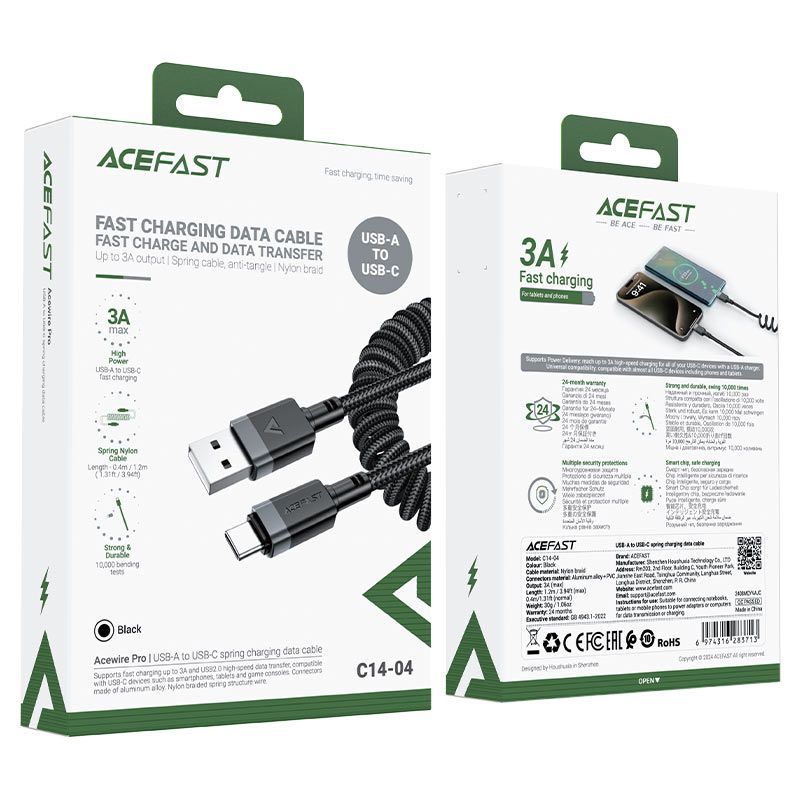 Kabelis Acefast C14-04 USB-A - USB-C Cable Spring 480Mb/s 3A 1.2m spring charging data cable Black
