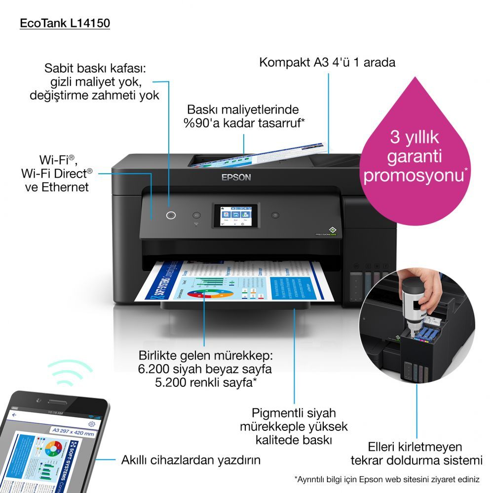 Printers EPSON EcoTank L14150 Colour, Inkjet, Multifunction Printer, A3+, Wi-Fi, Black