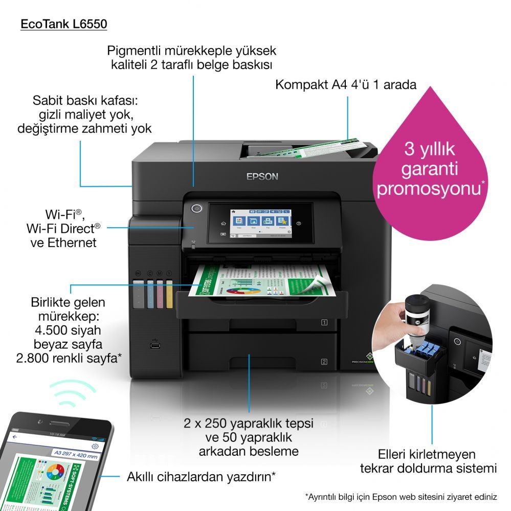 Printers EPSON Multifunctional Printer EcoTank L6550 Colour, Inkjet, A4, Wi-Fi, Black