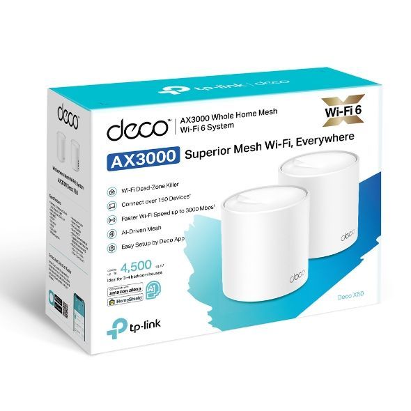 Ruuterid TP-Link Whole Home Mesh Wi-Fi 6 System Deco X50 (2-pack) 802.11ax, 574+2402 Mbit/s, Ethernet LAN (RJ-45) ports 3, Mesh Support Yes, MU-MiMO Yes, Antenna type Internal
