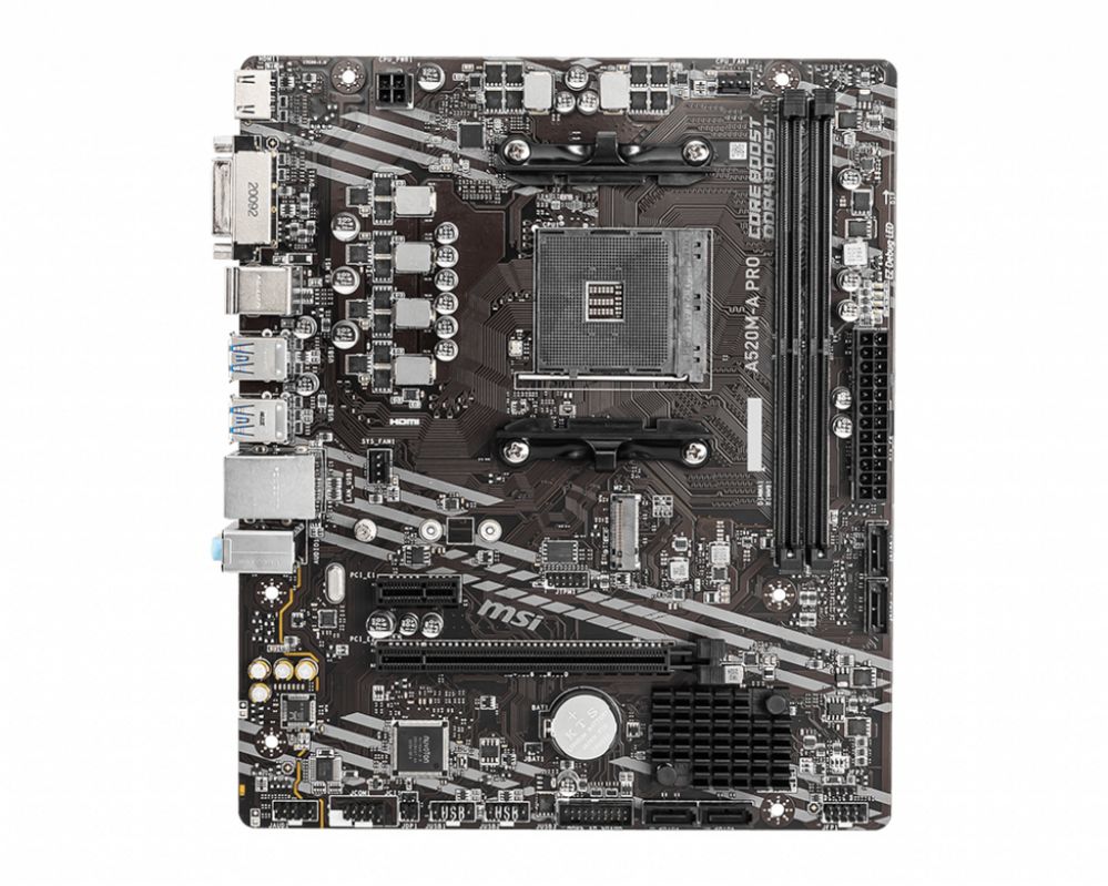 Motherboard for Intel processors MSI A520M-A PRO Processor family AMD, Processor socket AM4, DDR4, Memory slots 2, Chipset AMD A, Micro ATX