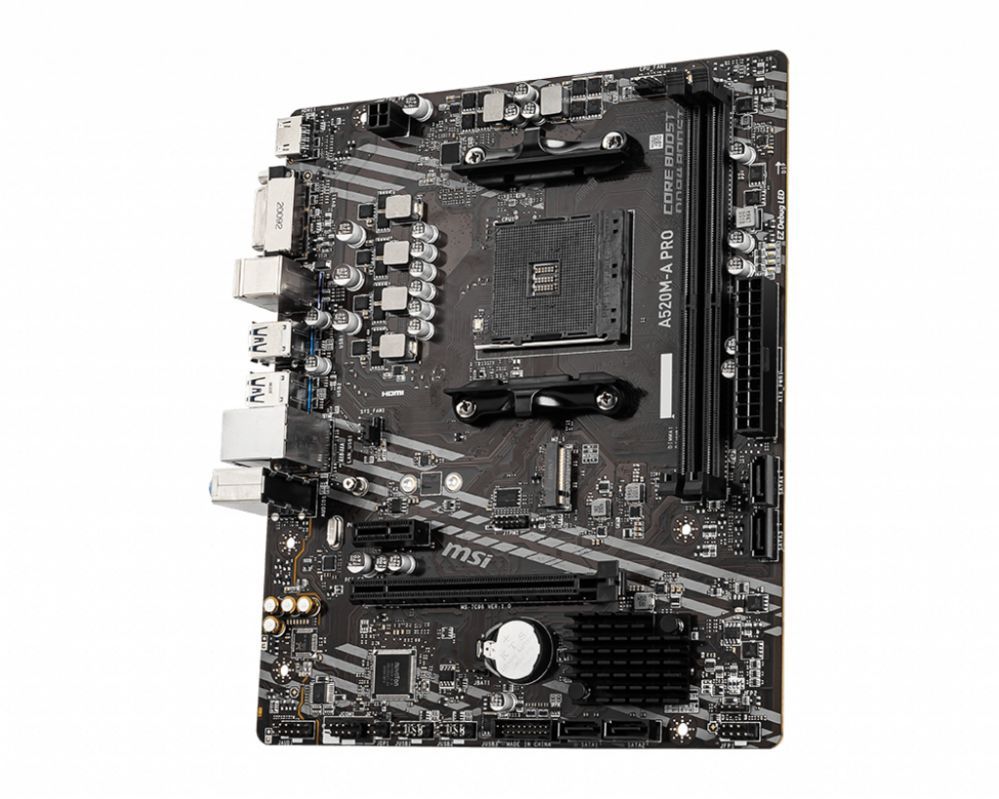 Motherboard for Intel processors MSI A520M-A PRO Processor family AMD, Processor socket AM4, DDR4, Memory slots 2, Chipset AMD A, Micro ATX