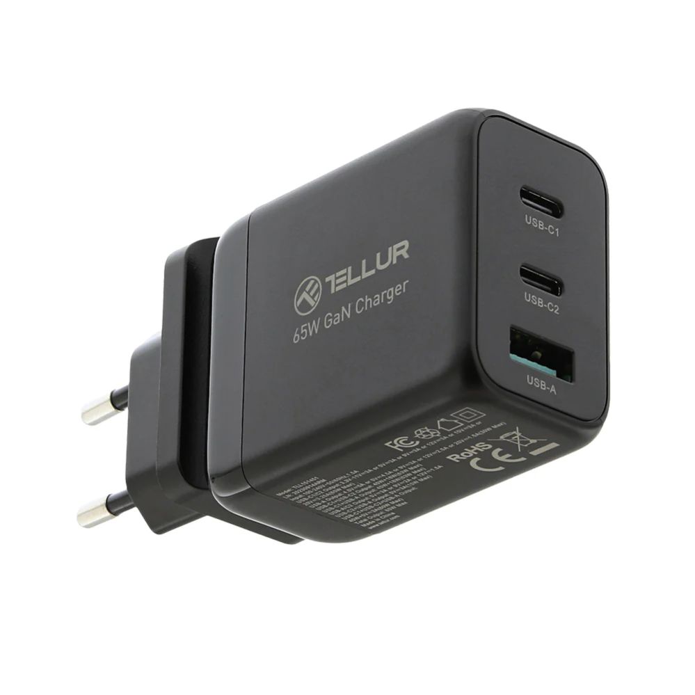 Cables and wires Tellur GaN 65W 3-port wall charger, 2xUSB-C + USB-A, EU,UK,US, black