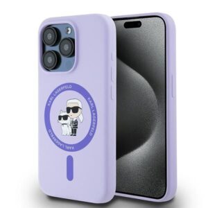 Aizmugurējais vāciņš Karl Lagerfeld  Karl Lagerfeld Silicone Karl&Choupette Heads Ring MagSafe Case for iPhone 15 Pro - Purple 