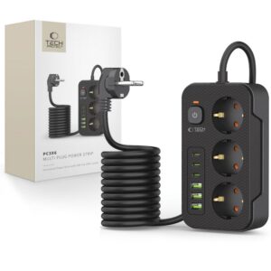 Cits mobilo telefonu aksesuārs Tech-Protect  Tech-Protect PC3X6 Power Strip 3 Sockets 240V + 3xUSB-A + 3xUSB-C 200cm - Black 