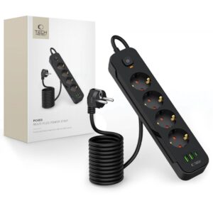 Cits mobilo telefonu aksesuārs Tech-Protect  Tech-Protect PCL4X3 Power Strip 4 Sockets 240V + 2xUSB-A + 1xUSB-C 200 cm - Black 