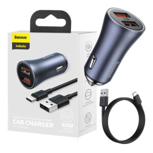 Auto charger Baseus  Ładowarka samochodowa Baseus Golden Contactor Pro, 2x USB, 40W (szara) + kabel USB do USB-C 1m (czarny) 