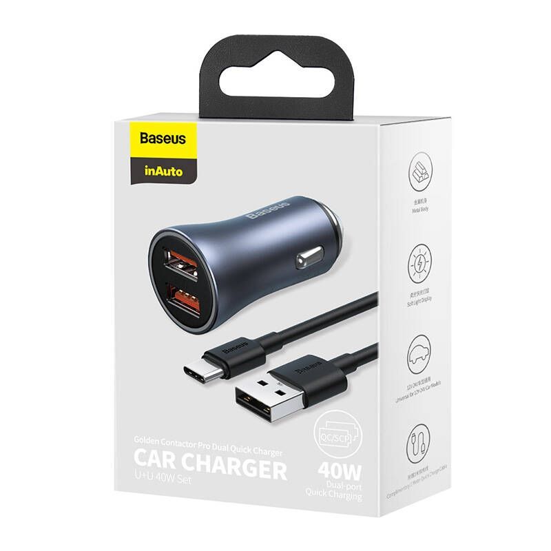 Autolaadijad Baseus Ładowarka samochodowa Baseus Golden Contactor Pro, 2x USB, 40W (szara) + kabel USB do USB-C 1m (czarny)