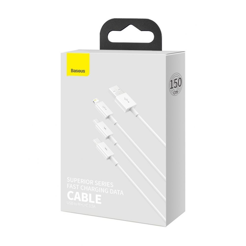 Cable Baseus USB cable 3in1 Baseus Superior Series, USB to micro USB / USB-C / Lightning, 3.5A, 1.2m (white)