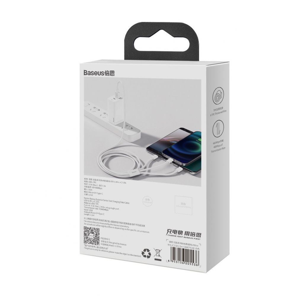 Cable Baseus USB cable 3in1 Baseus Superior Series, USB to micro USB / USB-C / Lightning, 3.5A, 1.2m (white)