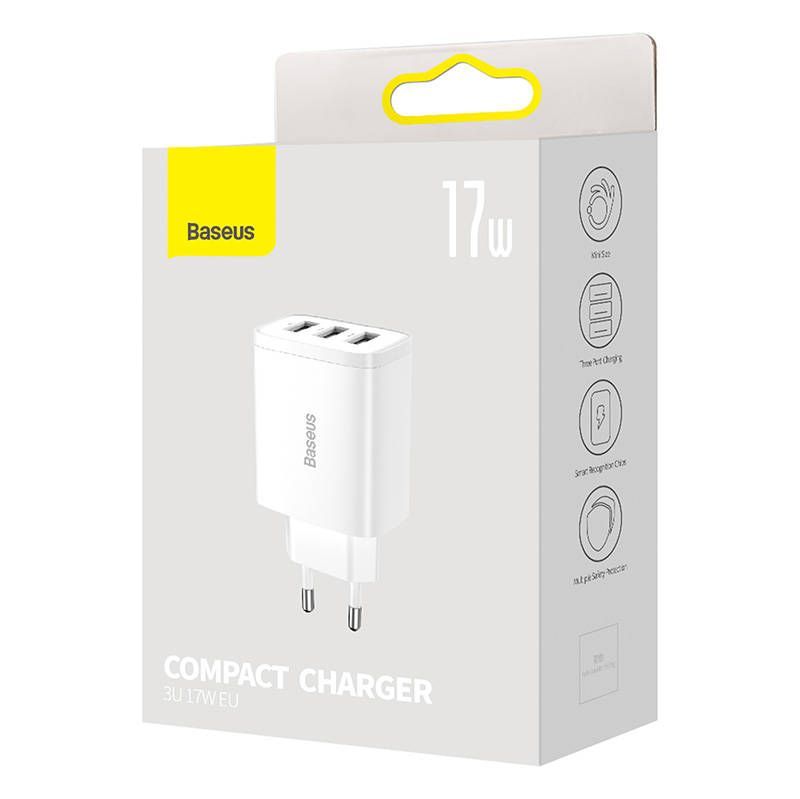 Adapteriai Baseus Baseus Compact Quick Charger, 3x USB, 17W (White)