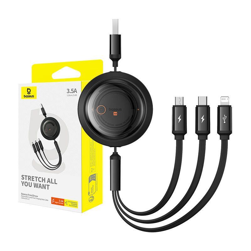 Cable Baseus Fast Charging Cable 3in1 Baseus Free2Draw, USB to micro USB+USB-C+Lightning, 3.5A, 1.1m (black)
