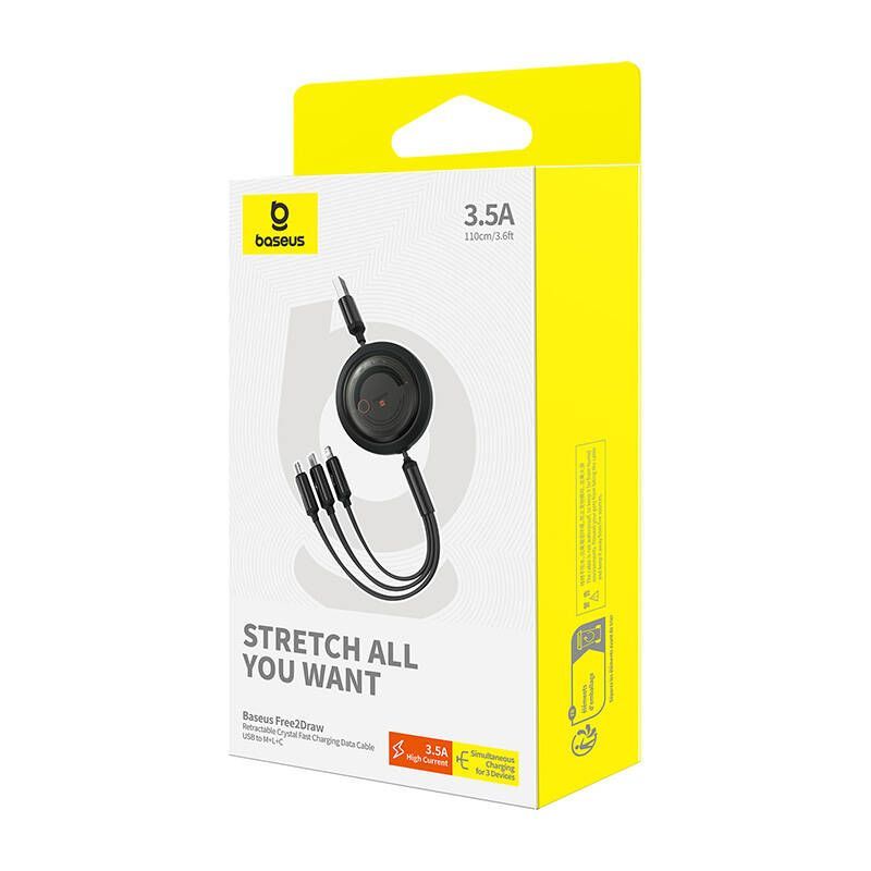 Cable Baseus Fast Charging Cable 3in1 Baseus Free2Draw, USB to micro USB+USB-C+Lightning, 3.5A, 1.1m (black)