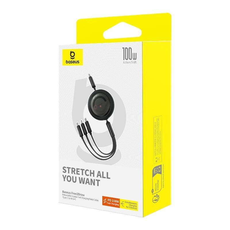 Cable Baseus Fast Charging Cable 3in1 Baseus Free2Draw USB-C to USB-C/Lightning/Micro 100W, 1,1m (black)