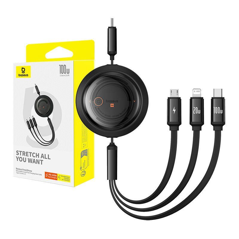 Cable Baseus Fast Charging Cable 3in1 Baseus Free2Draw USB-C to USB-C/Lightning/Micro 100W, 1,1m (black)